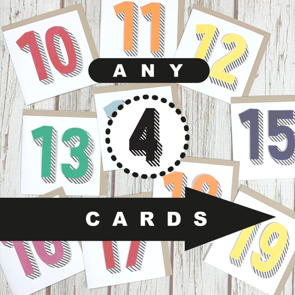 Birthday Card Deal. Personalised any four NumbersAge and four colours.