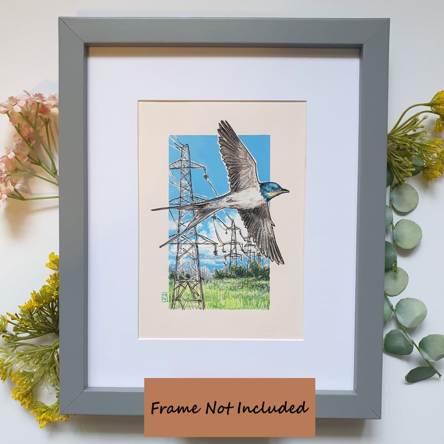 Swallow in Flight, small original bird artwork, bird lover gift