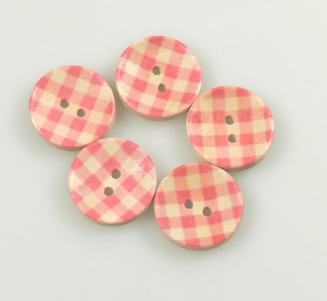 set of 10, Check pattern, Pink Gingham, 20mm, 2cm Round wooden buttons