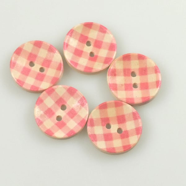 Check pattern, Pink Gingham, 20mm, 2cm Round wooden buttons