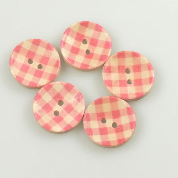 set of 10, Check pattern, Pink Gingham, 20mm, 2cm Round wooden buttons