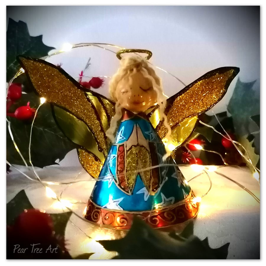  Medium: Tin Angel Christmas Tree decoration (Turquoise and Orange) 