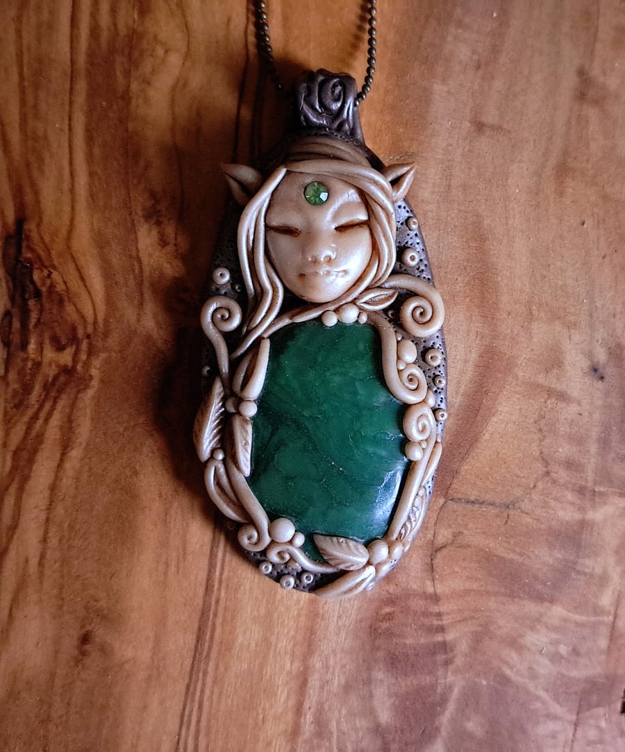 Green Jasper Crystal and Polymer Clay Elven Goddess Amulet Pendant 