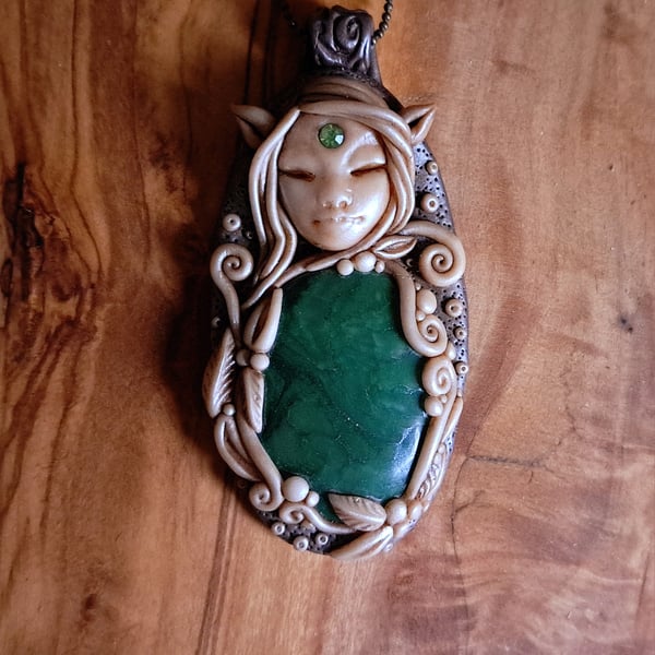 Green Jasper Crystal and Polymer Clay Elven Goddess Amulet Pendant 
