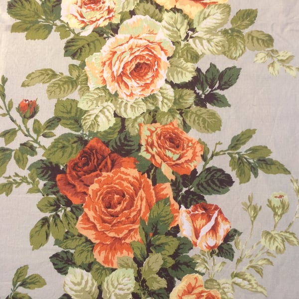 LARGE Piece Country Cottage Core Orange Green ROSE Floral Vintage Style Fabric