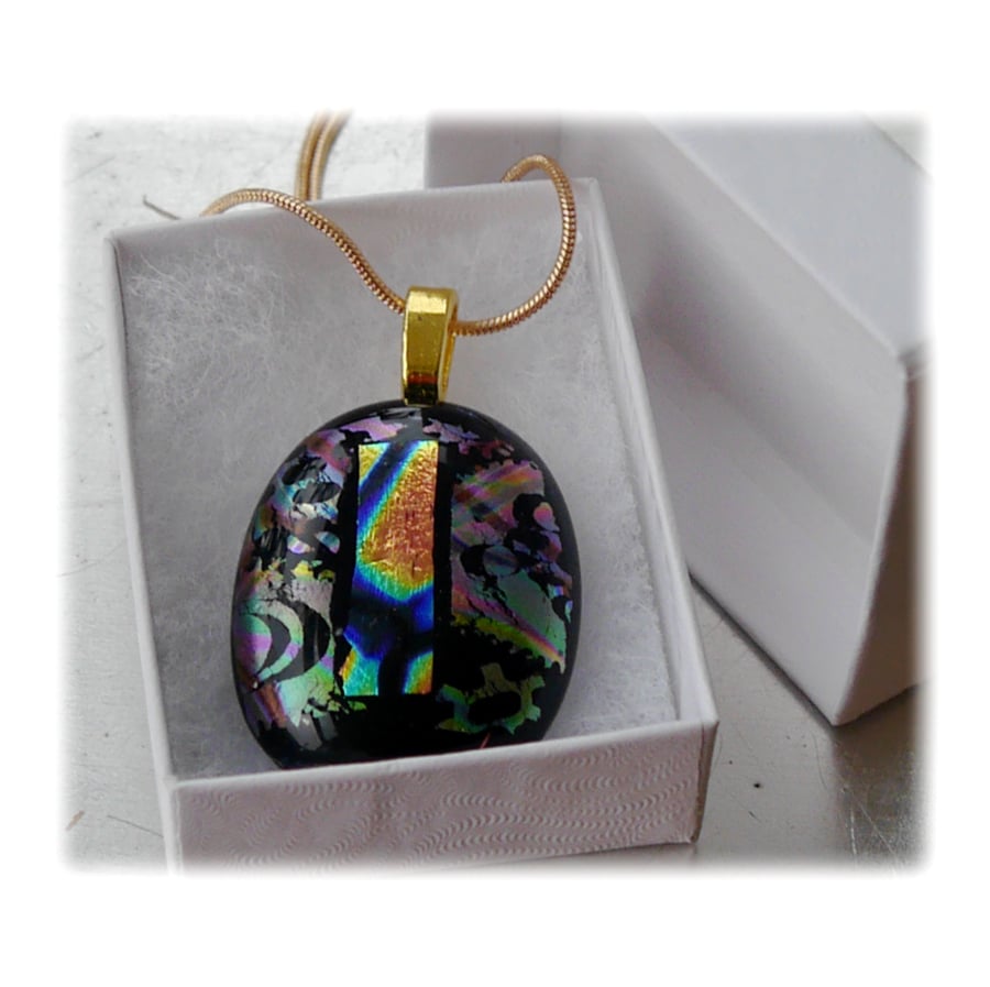 Dichroic Glass Pendant 118 Black Etched Tie Handmade and gold plated chain