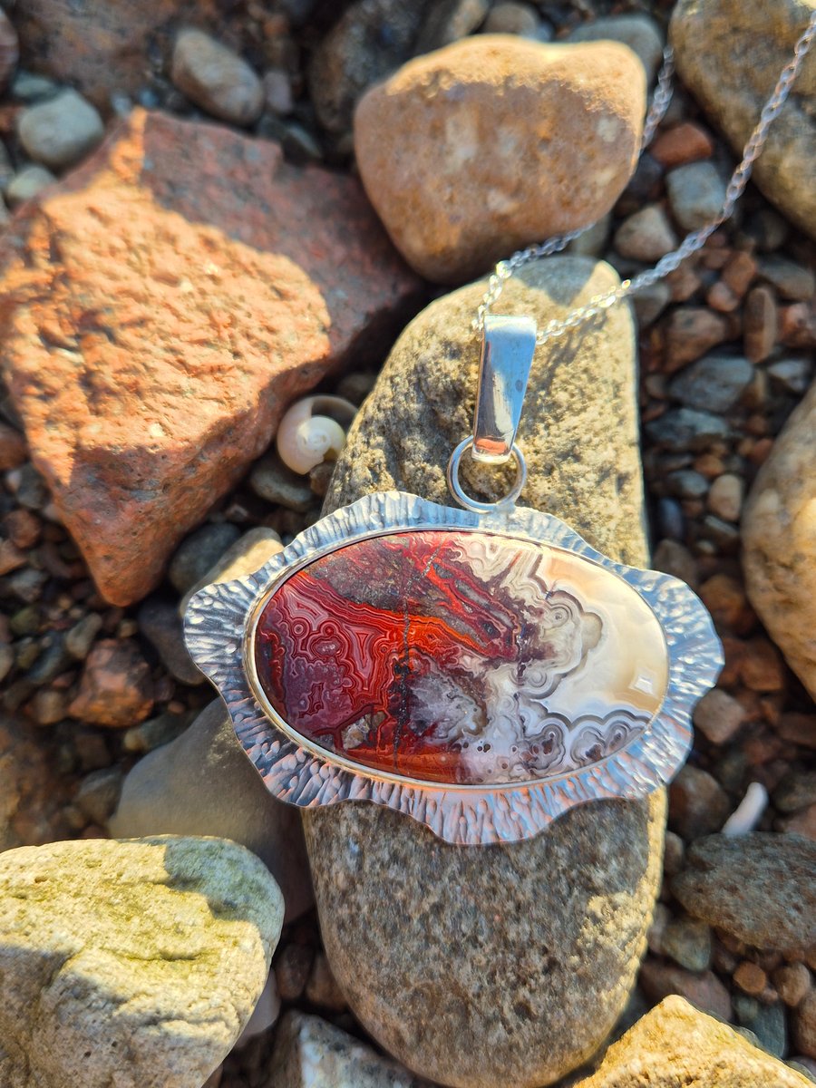 Unique, silver, and crazy lace agate necklace 