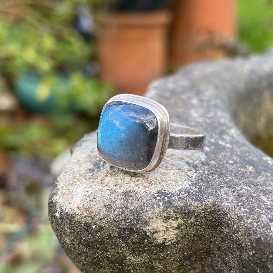 Silver and square labradorite ring size  Q