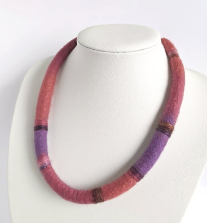 Felted cord necklace - coral, deep pink and purple