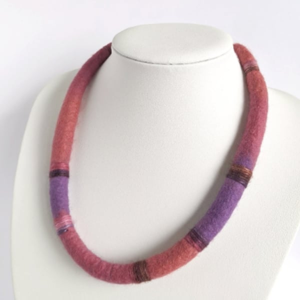 Felted cord necklace - coral, deep pink and purple
