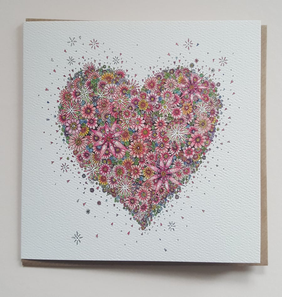 Pink Floral Heart Greeting Card