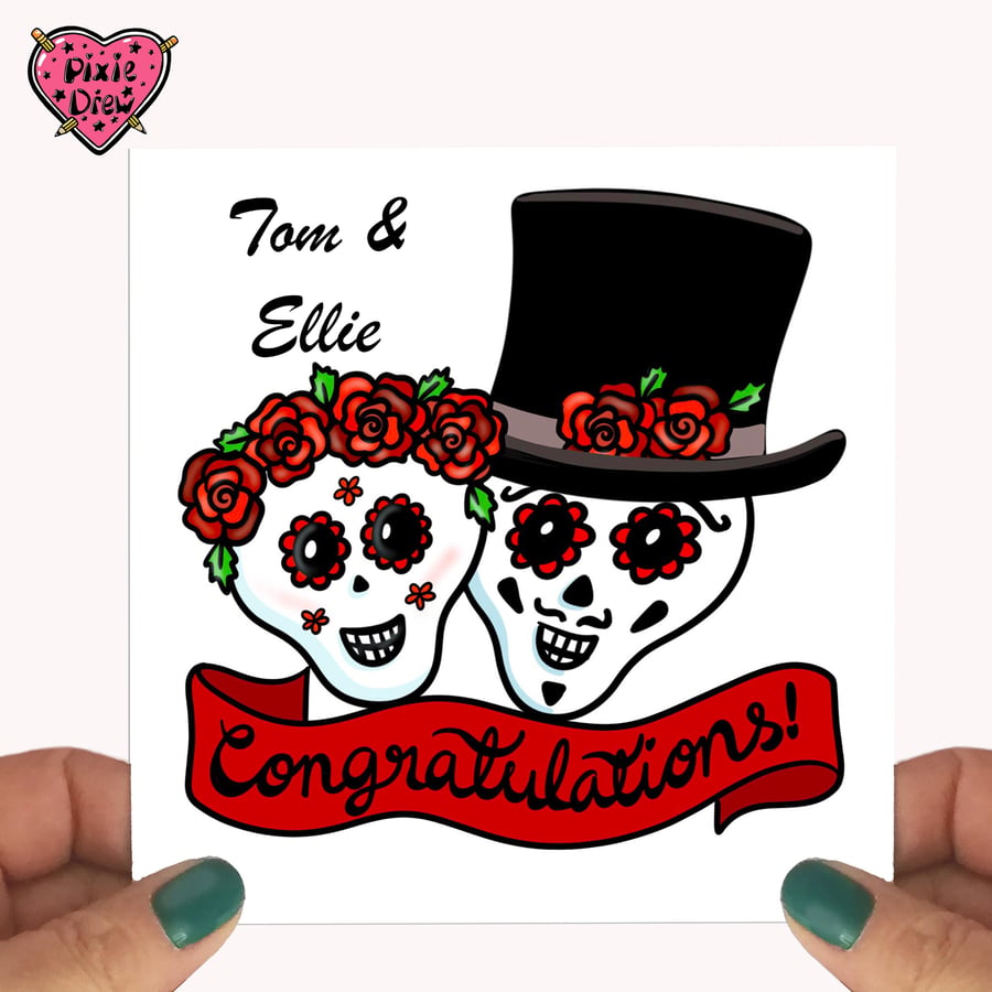 Day of the dead alternative wedding congratulations card with sugar skulls