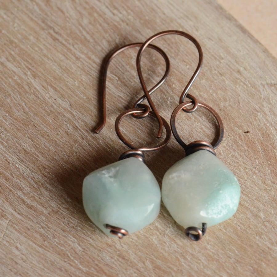 Handmade Copper Earrings with Amazonite Faceted Coin Beads