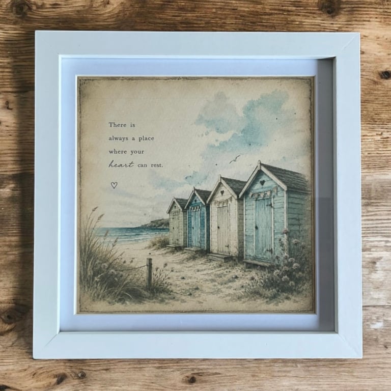 Seaside Curiosities Shadow Box. Beach Hut Framed Print.