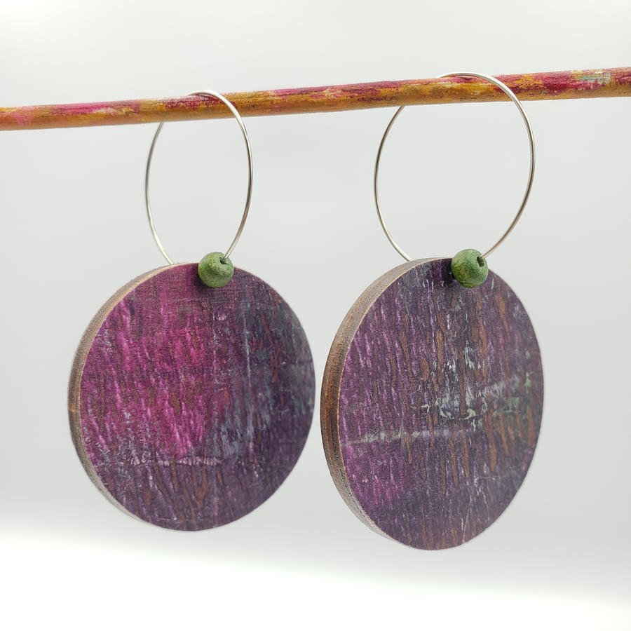 Purple, copper, olive and grey hoop drop earrings