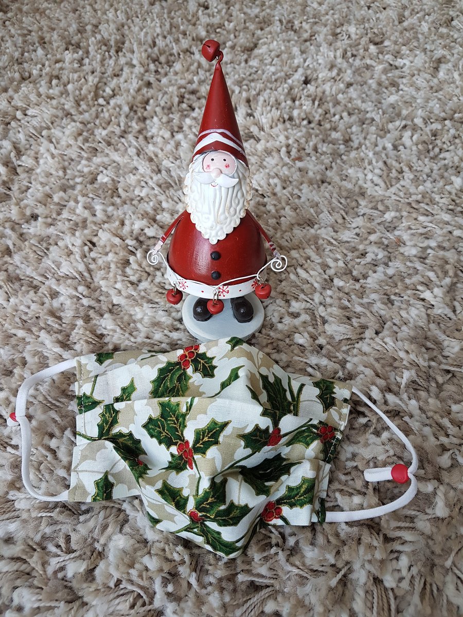 Small Adult or Teenager festive face covering – Holly and Berry Print