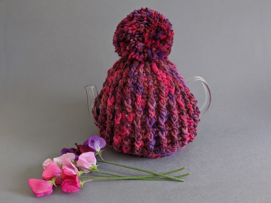 Teapot Tea Cosy - With pompom in Pink & Purple