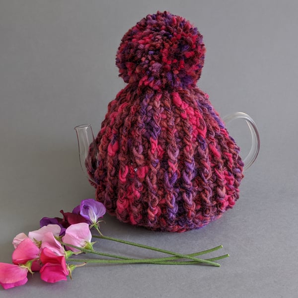Teapot Tea Cosy - With pompom in Pink & Purple