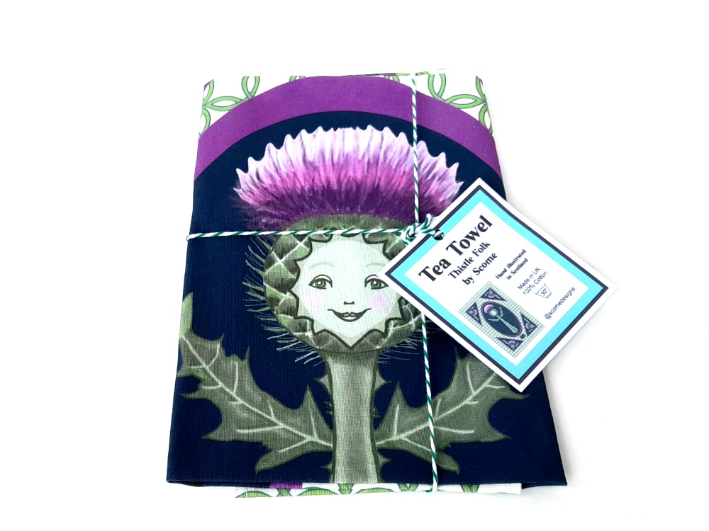 Illustrated Thistle Girl Tea Towel, Scottish Gift