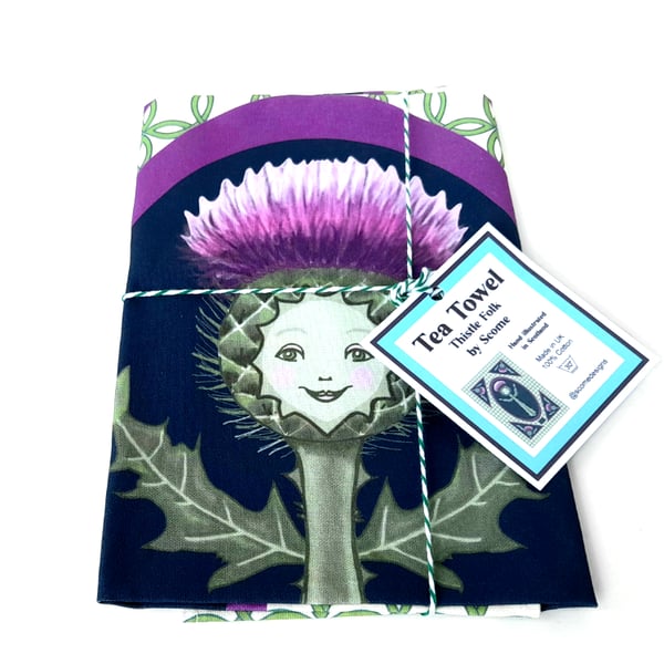Illustrated Thistle Girl Tea Towel, Scottish Gift