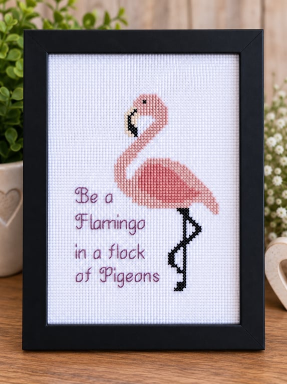 Be a Flamingo in a Field of Pigeons – Handmade Framed Cross Stitch 5x7