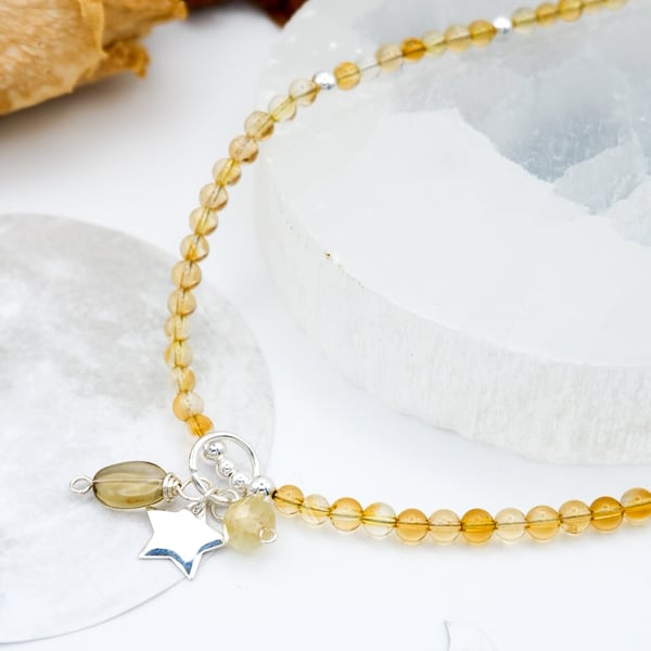 Celestial Citrine Gemstone Beaded Necklace, Celestial Jewellery, November gift 