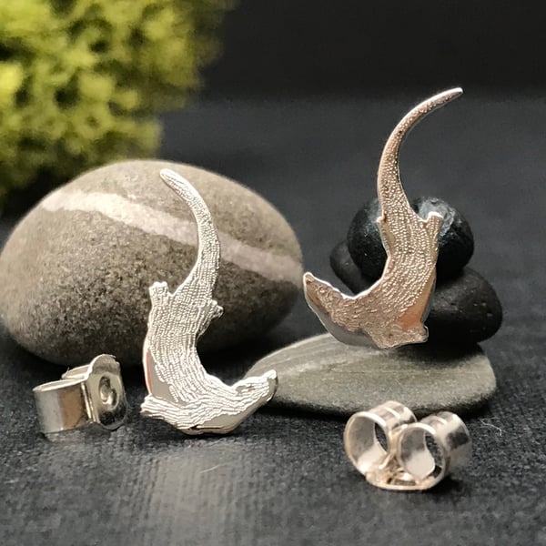 Silver Swimming Otter Stud Earrings