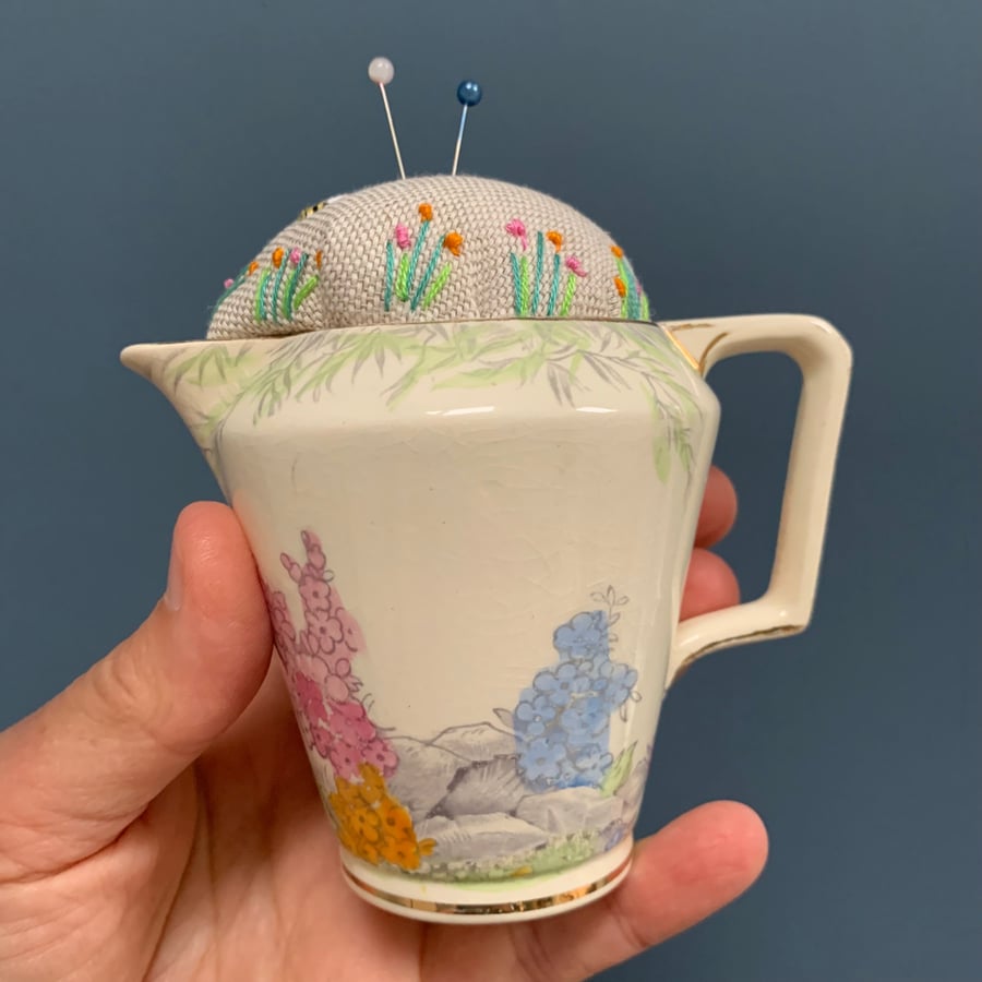 Vintage jug embroidered pincushion