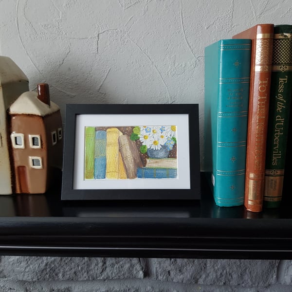 Whimsical bookshelf with daisies, forget-me-not original framed artwork 