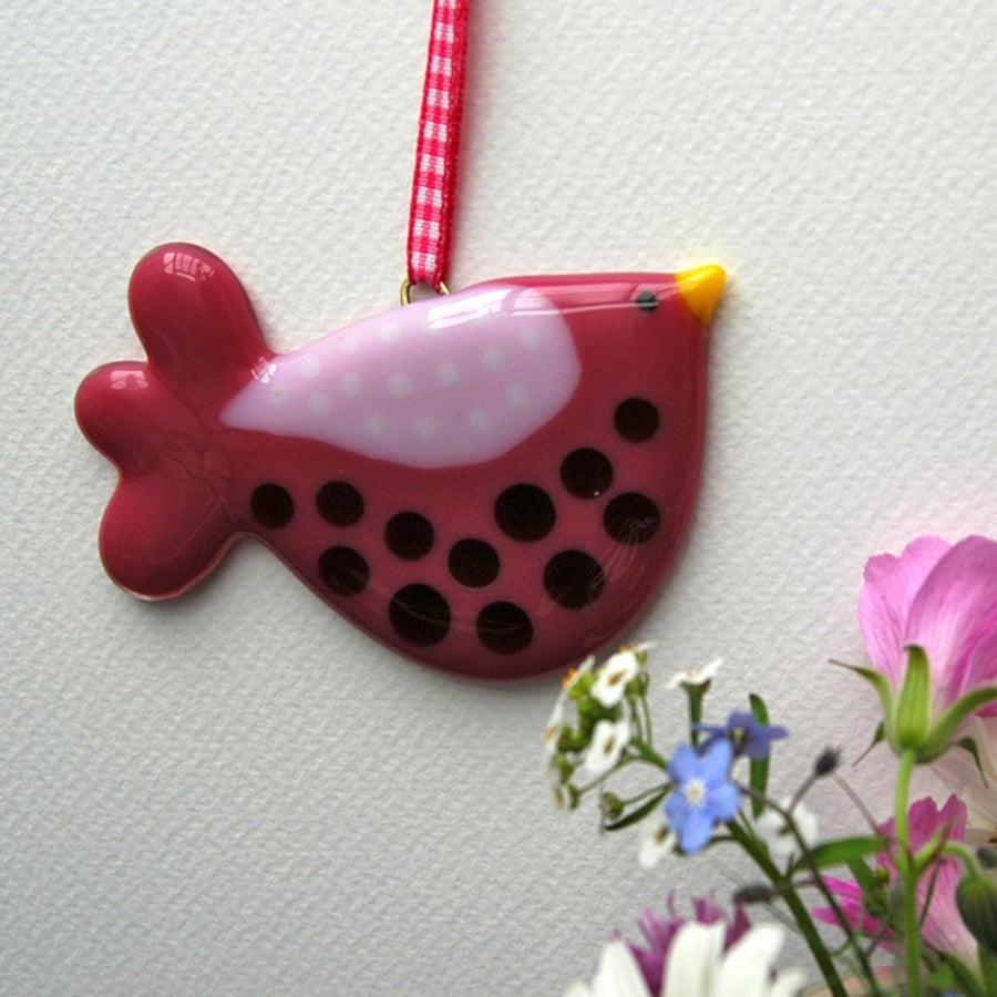 Pink Fused Glass Spotty Bird Decoration