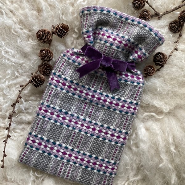 Mini Hotwater Bottle - Grey & Purple mix. Handwoven in Wales