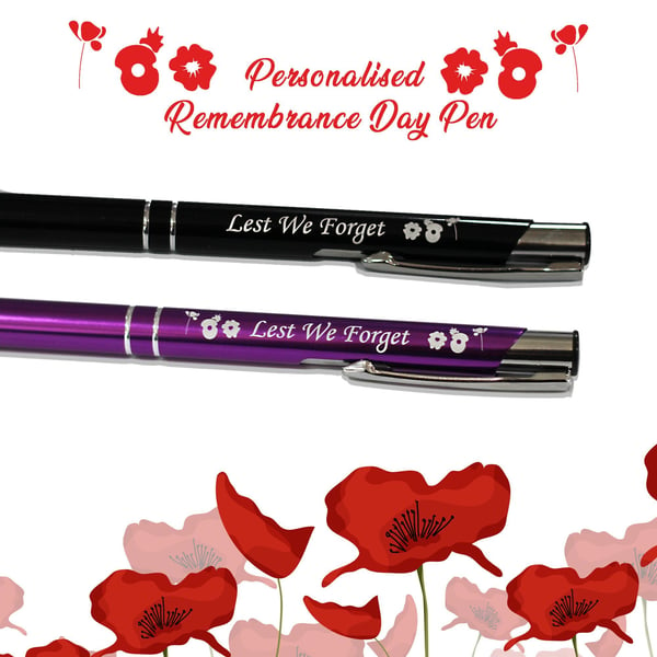 Lest We Forget Remembrance Day Engraved Metal Pen Poppy Poppies Soldier 