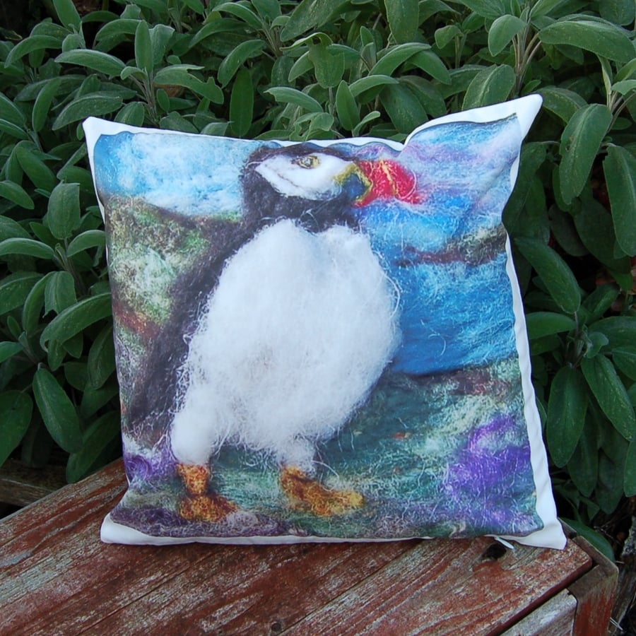 Puffin  Cushion cover: printed design from my original needlefelt  artwork