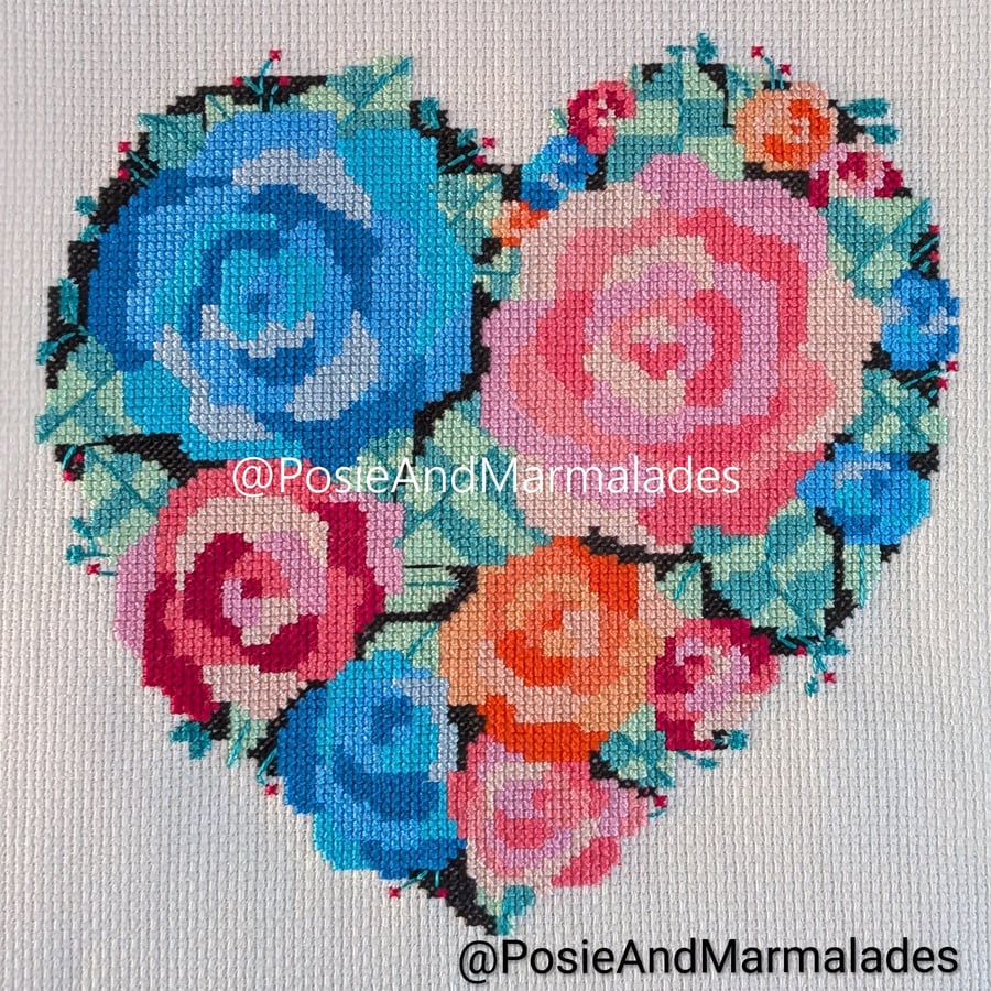 Image of Floral Heart Cross stitch Instant digital Download PDF Pattern chart