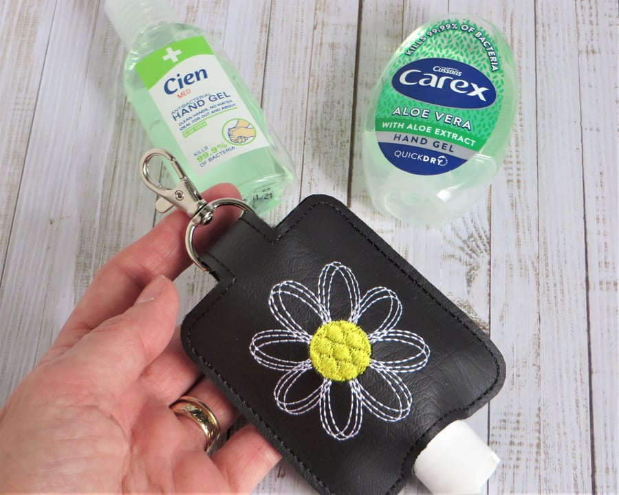 Simple Daisy Hand Sanitiser Holder, Machine Embroidered Case with Lobster Clasp