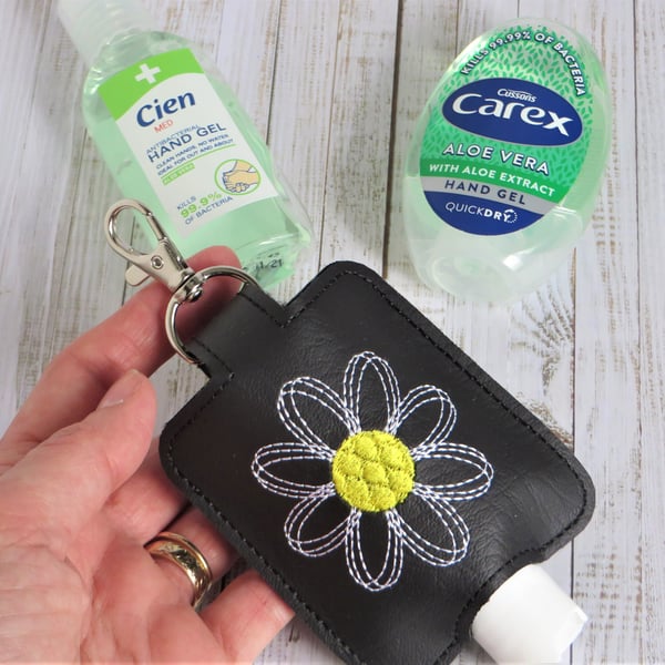 Simple Daisy Hand Sanitiser Holder, Machine Embroidered Case with Lobster Clasp