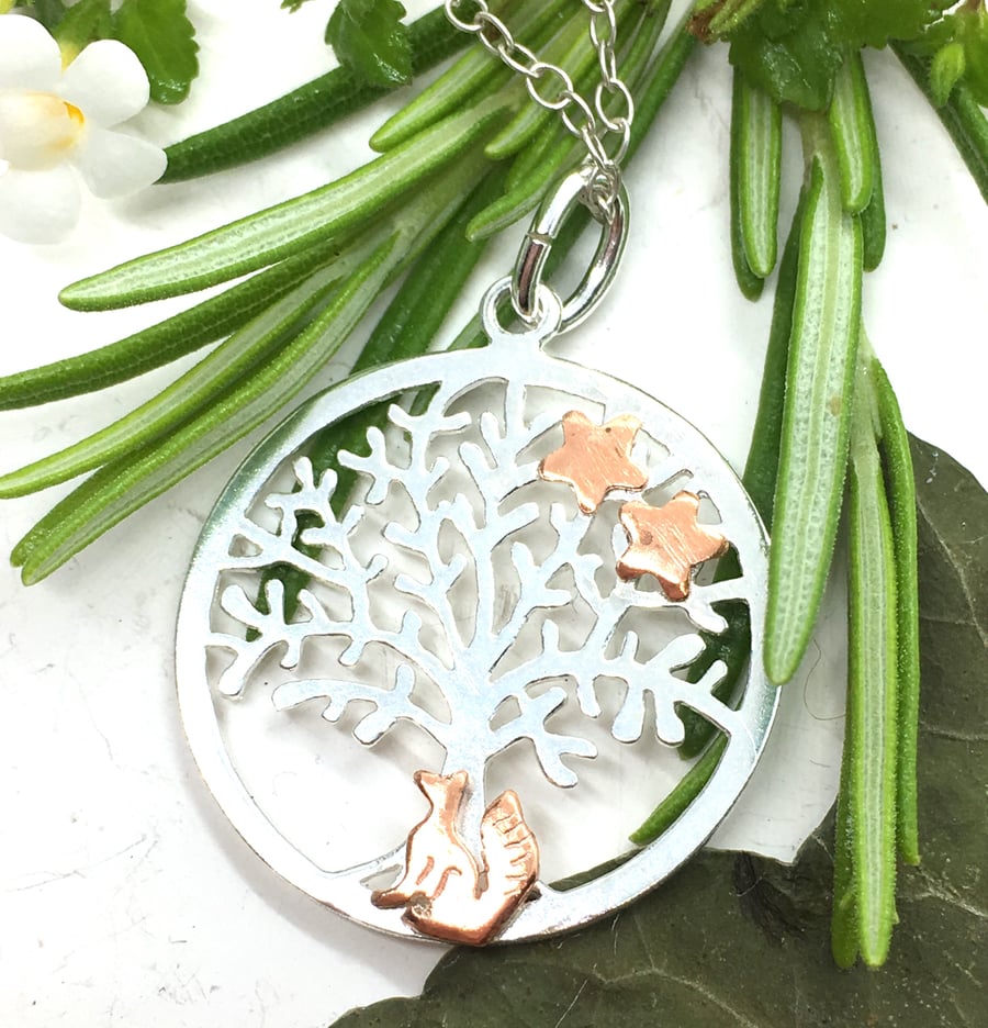 Silver Fox Tree of Life Pendant with Copper Fox,  Fox, Stars.