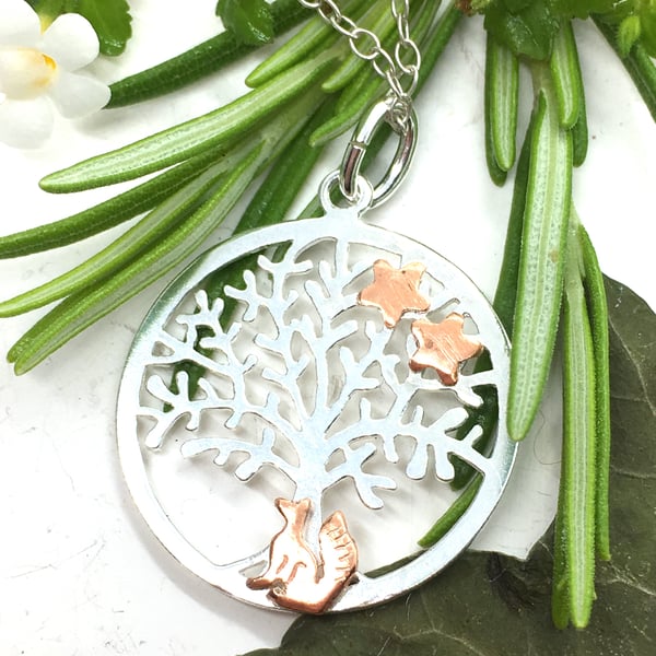 Silver Fox Tree of Life Pendant with Copper Fox,  Fox, Stars.