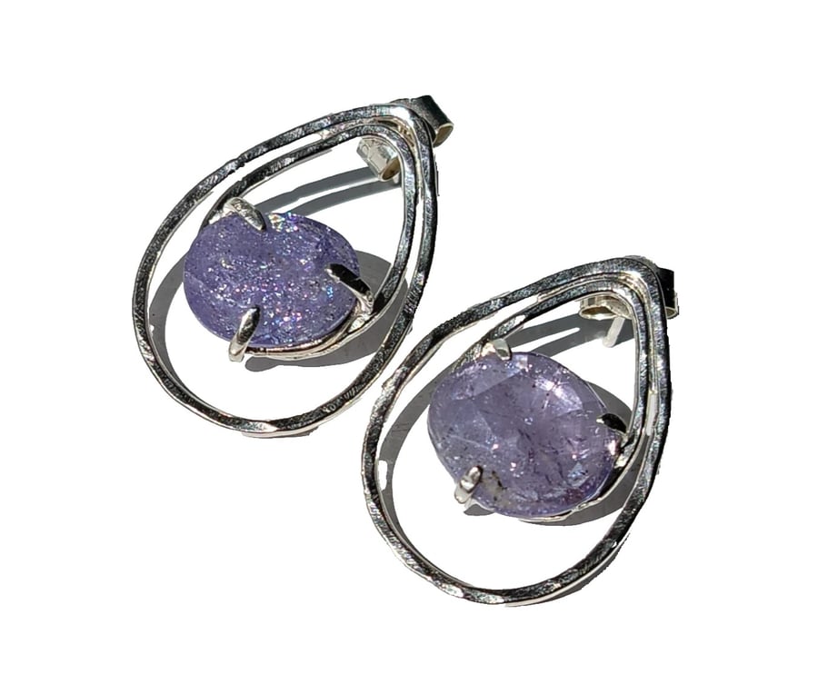 Image of  Tanzanite Earrings Recycled Silver Jewellery Gift Teardrop Rose Cut Gemstone