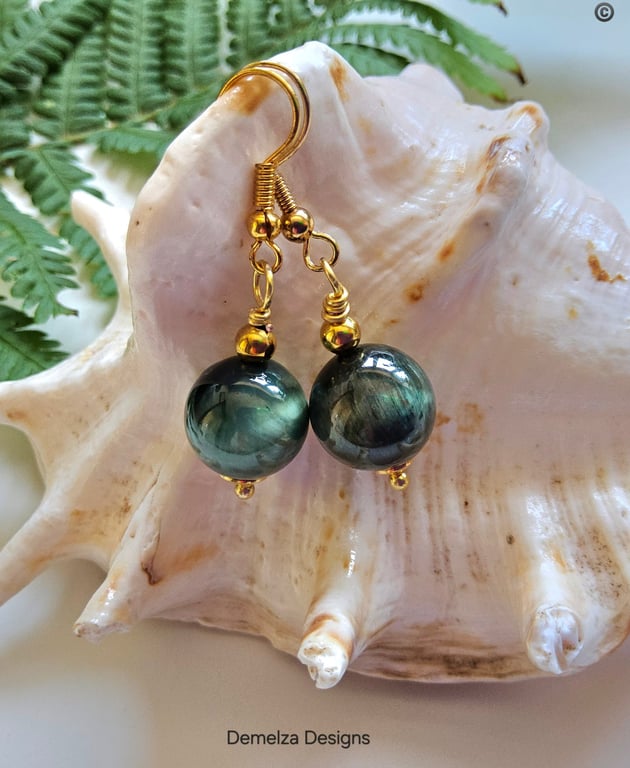 Green Tigers Eye Huggie Gold Plate Earrings