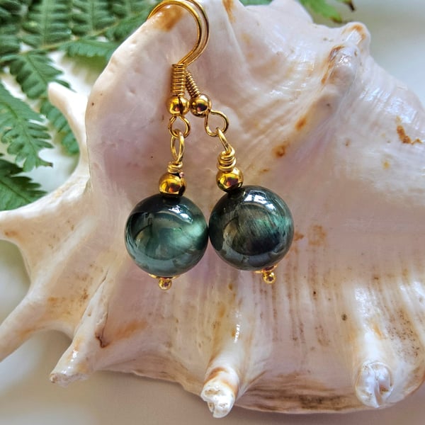 Green Tigers Eye Huggie Gold Plate Earrings