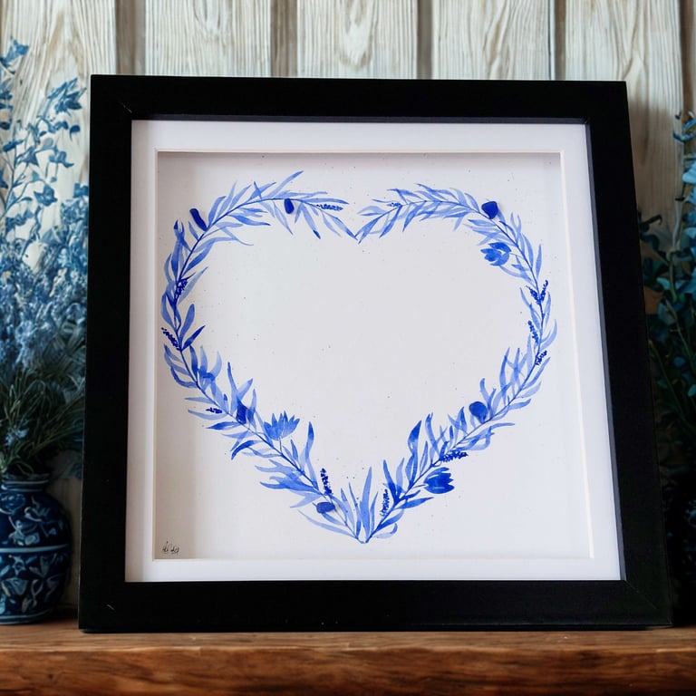 Blue Sea Glass Watercolour Flower Heart Picture - Framed Wall Art
