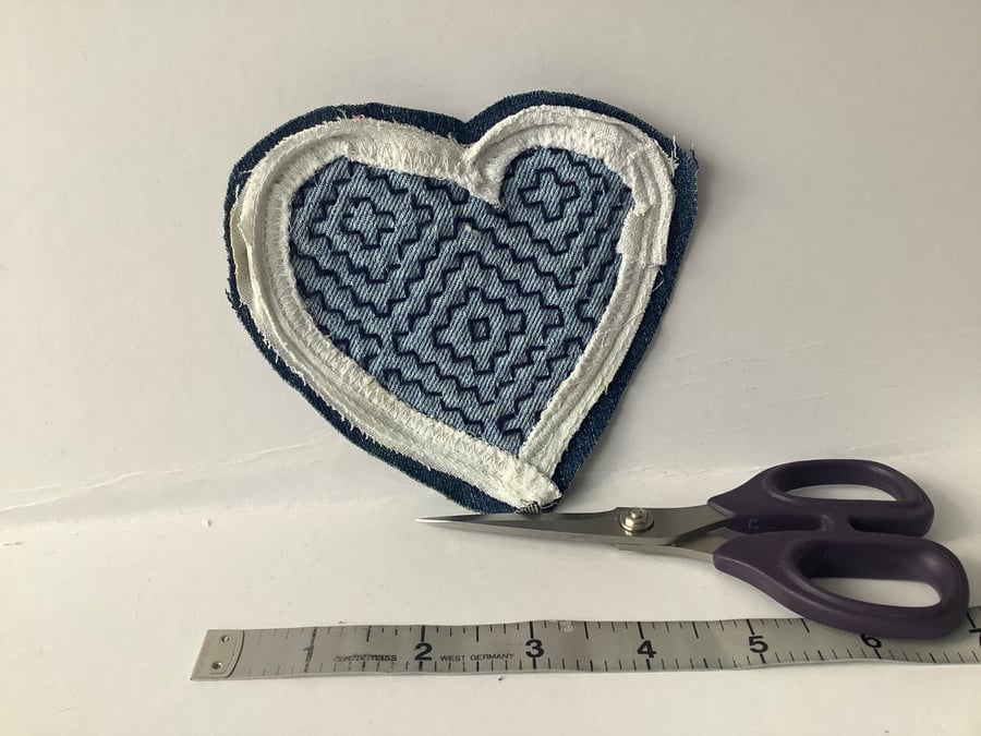 Denim and sashiko etched heart patch. 