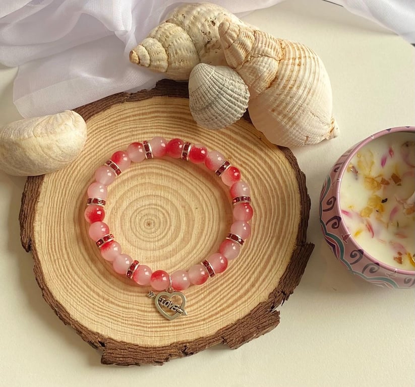 Handmade Red Glass Beaded Bracelet Love Charm, Stretch Fit