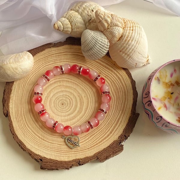 Handmade Red Glass Beaded Bracelet Love Charm, Stretch Fit