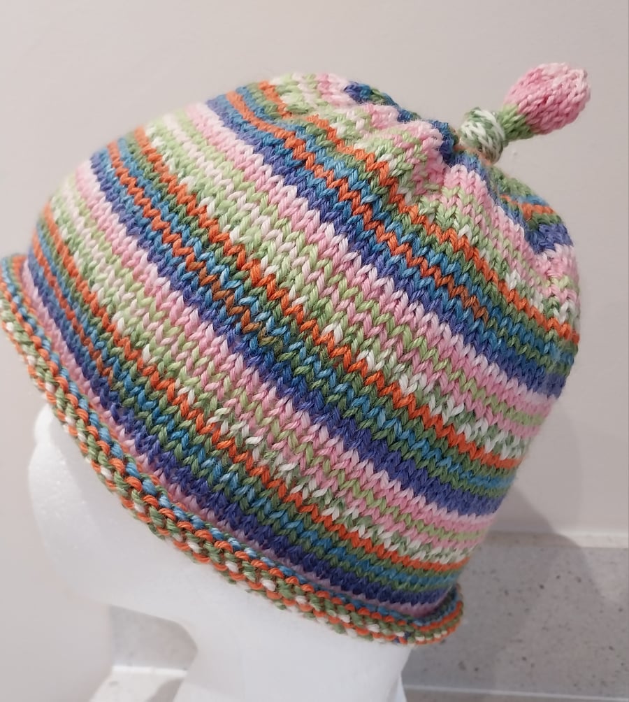 Handknit KNOTTY TOP BEANIE Stripey jacquard multi child teen adult small