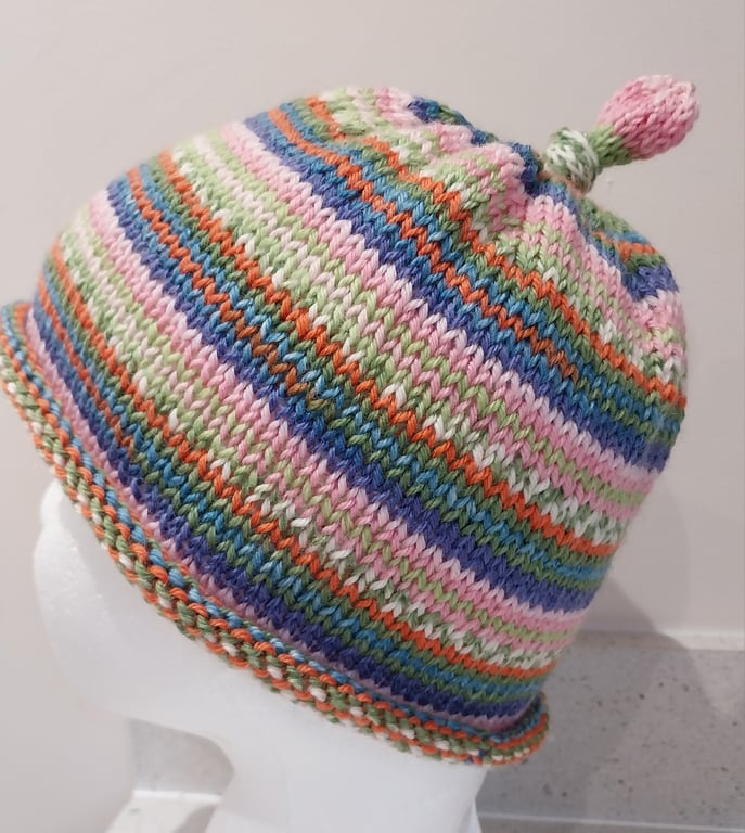 Handknit KNOTTY TOP BEANIE Stripey jacquard multi child teen adult small