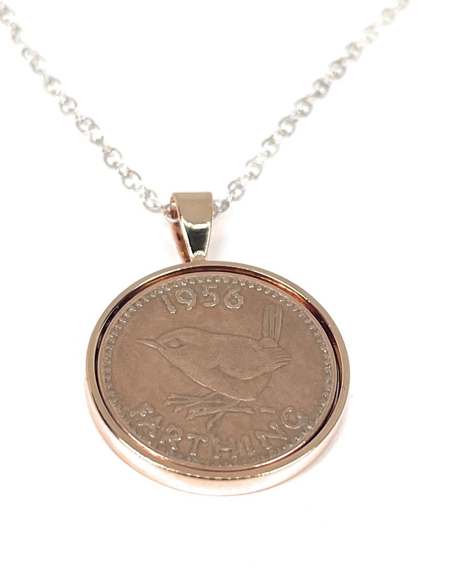 1956 68th Birthday Anniversary Farthing coin in a Rose Gold Plated mount 