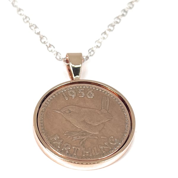 1956 68th Birthday Anniversary Farthing coin in a Rose Gold Plated mount 