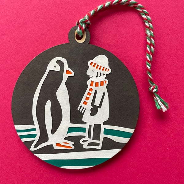 Boy and Penguin Papercut Christmas Decoration 